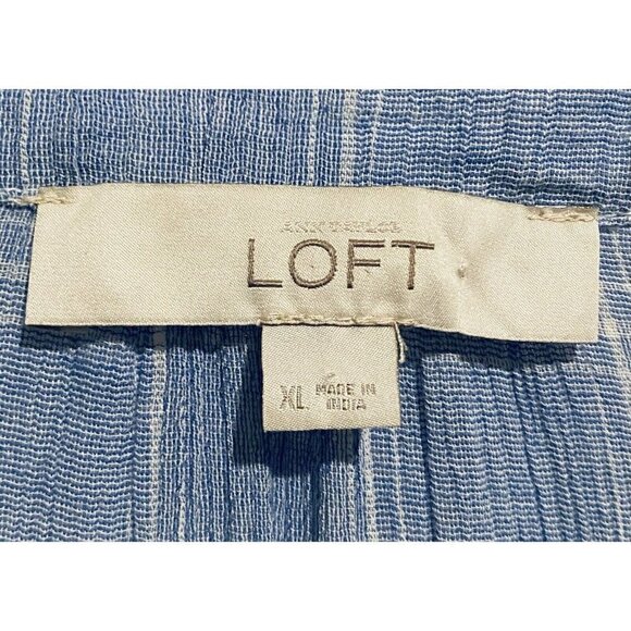 LOFT Top Womens XL Windowpane Embroidered Crochet Bell Sleeve Henley Blue Boho - Picture 5 of 8